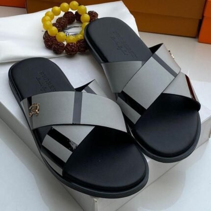 Burberry Striped Cross-Strap Slides – Grey & Black Edition