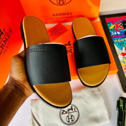 Hermès Dual-Tone Slides – Black Strap with Tan Insole