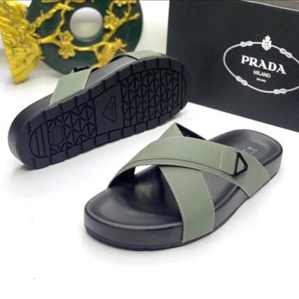 Prada Cross Strap Slides – Army Green Edition