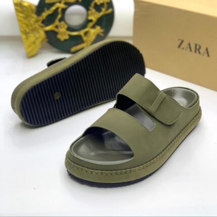 Zara Double Strap Slides – Matte Olive Green