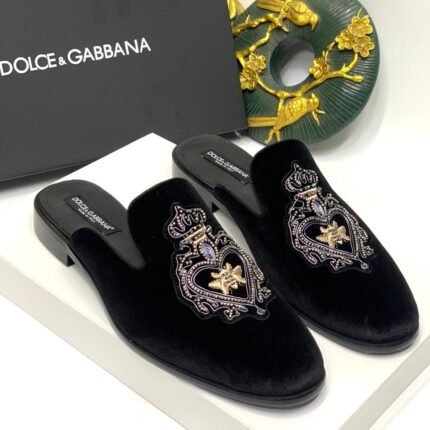 Dolce & Gabbana Black Velvet Embroidered Mules