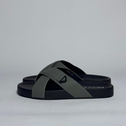 Prada Grey Cross-Strap Leather Slides